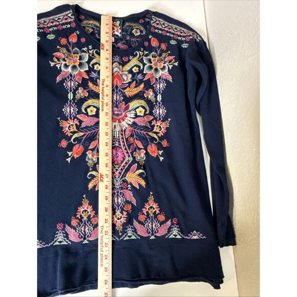 Johnny Was Ioana Thermal Long Sleeve Top Embroidered Waffle Boho Navy Sz M - Picture 7 of 11